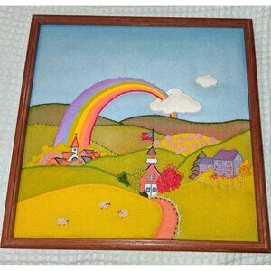 Vintage Framed Needlepoint Art Rainbow Village Scene 17 X 17" Colorful Wall Deco